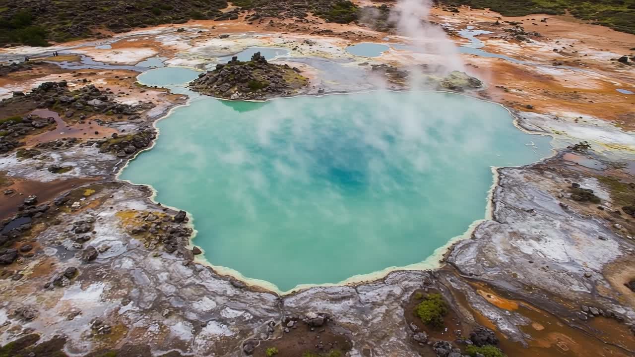 Stunning Aerial Views of a Vibrant Geothermal Hot Spring Surrounded by Unique Mineral Formations and Sulfur Emissions in a Breathtaking Natural Landscape