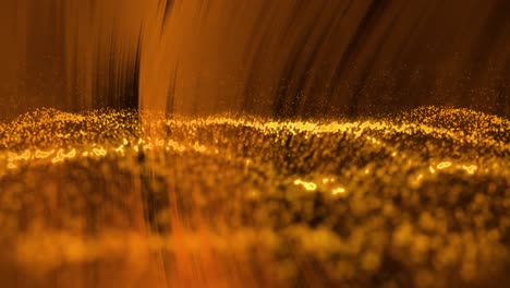 Animation-of-orange-light-over-undulating-golden-particles-on-black-background