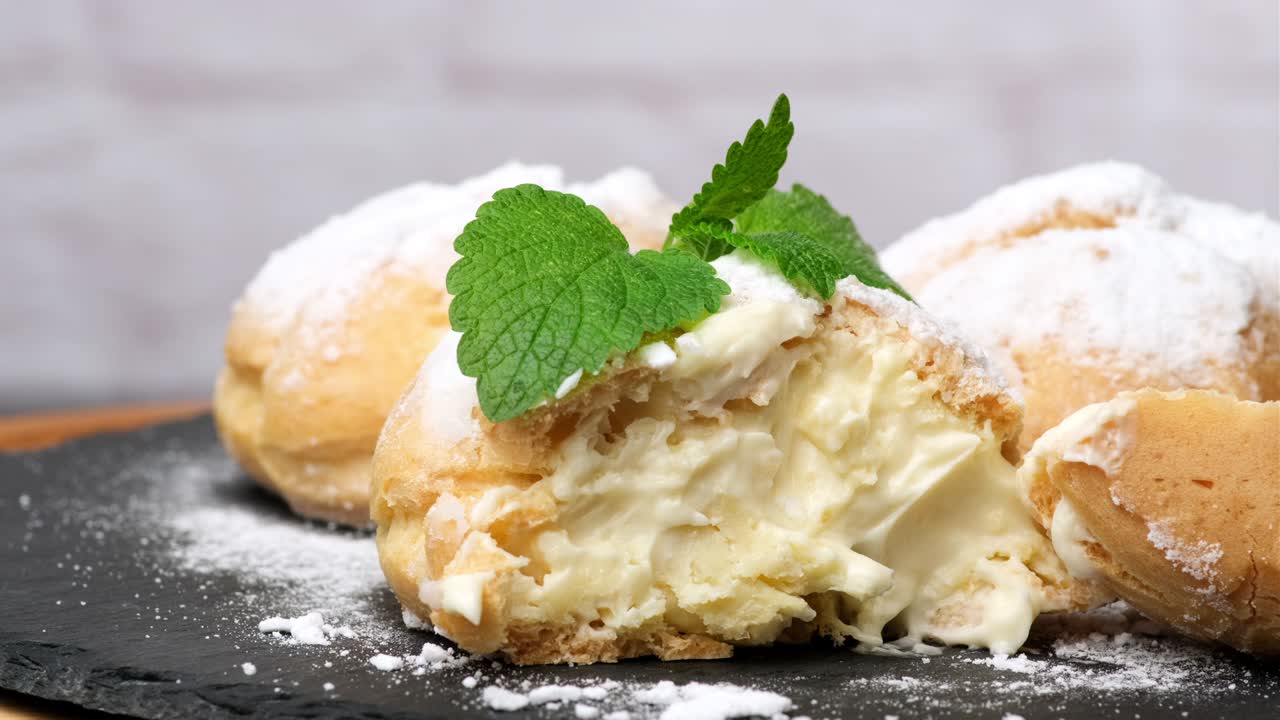 아이싱 설탕으로 뿌려진 반 구운 크레스트 에클레어, 가까이