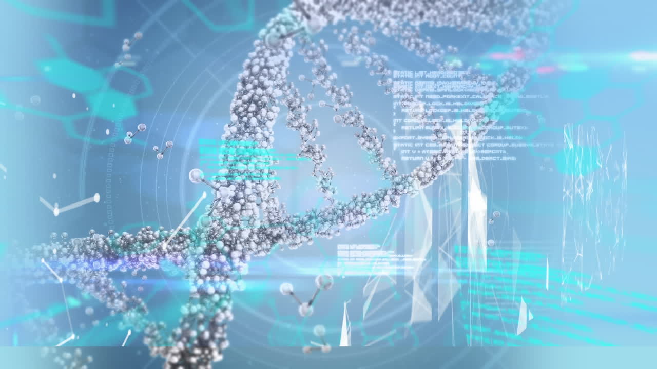 Digital animation of dna structure spinning medical data processing in background
