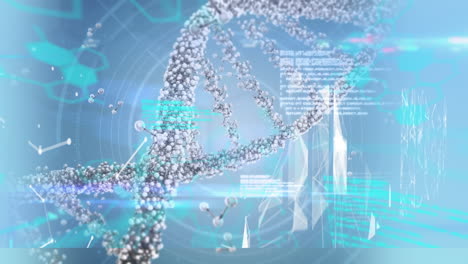 digital animation of dna structure spinning medical data processing in background