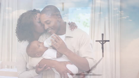 animación de una cruz cristiana sobre una familia pasando tiempo juntos