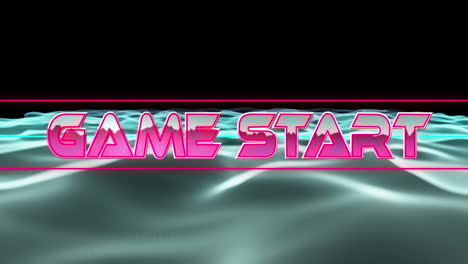 animation of game start text banner over blue digital wave in seamless pattern on black background