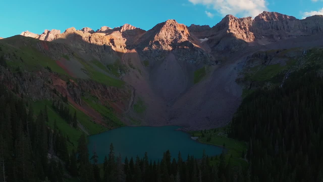 Lower Blue Lake Mount Sneffels Wilderness Ridgway Telluride Colorado aerial drone sunset dusk golden hour shaded peaks San Juan Rocky Mountains Uncompahgre National Forest blue sky circle left