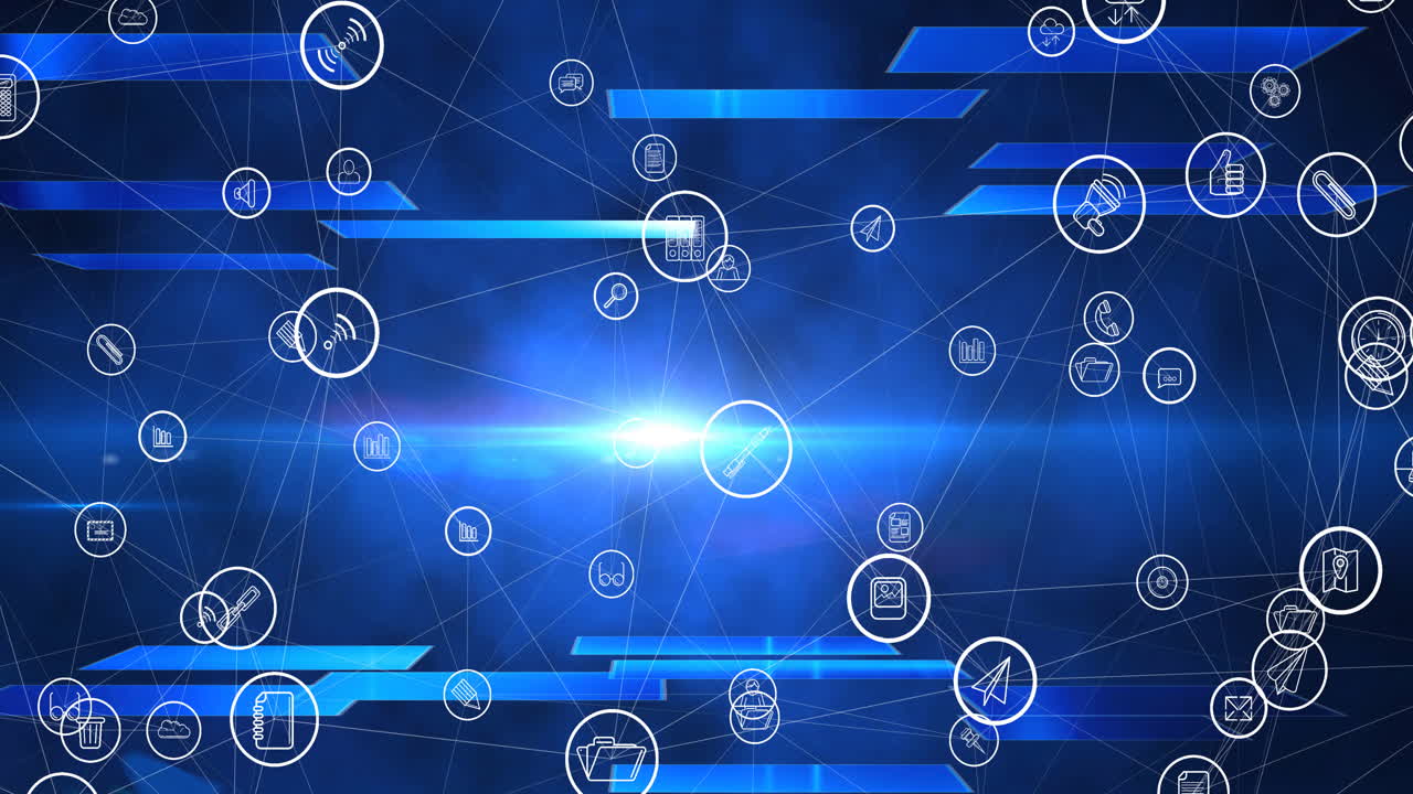 animación de la red de conexiones con iconos digitales sobre fondo azul