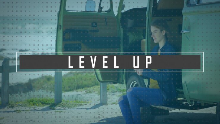 Animation of level up text and data processing over caucasian woman using smartphone