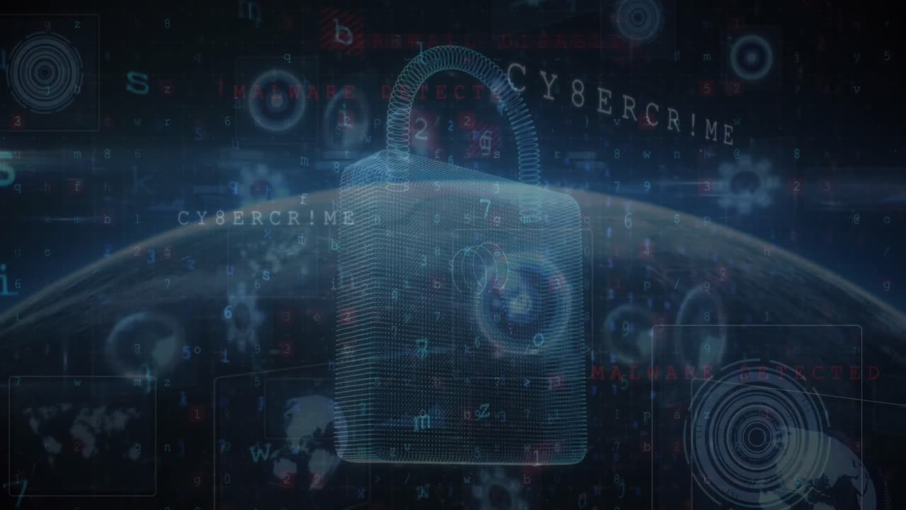 Animation of scope scanning with padlock icon and data processing over globe