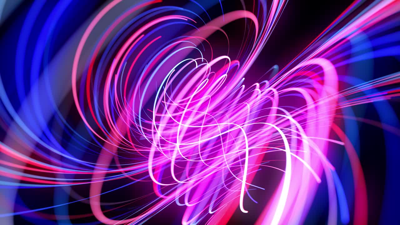 Light flow bg in 4k. Abstract looped background with light trails, stream of red blue neon lines in space move to form looped spiral shapes. Modern trendy motion design background. Light effect,