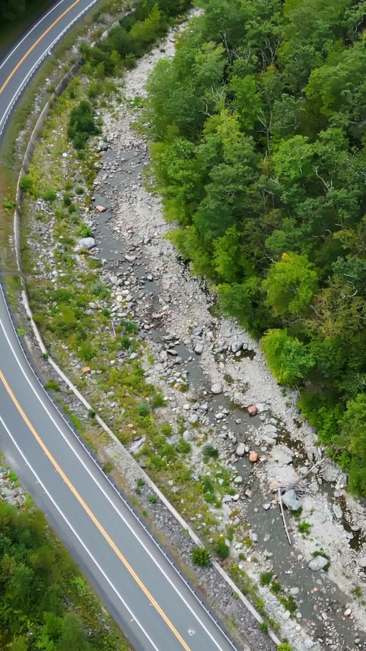 Scenic aerial view of Mohawk Trail, lush trees, winding road, peaceful mood