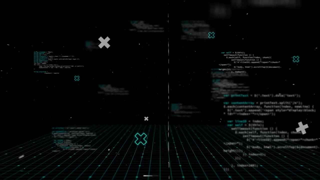 Animation of data processing and interference on black background