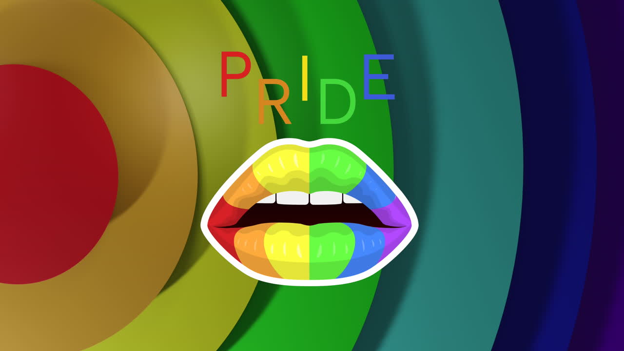 animación del texto del orgullo y los labios del arco iris sobre el fondo del arco iris