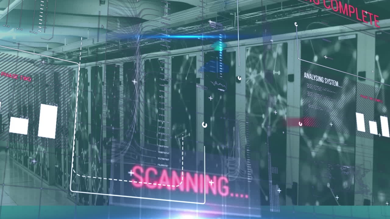 Animation of data processing, graphs appearing over room made of screens