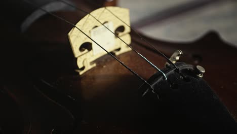 slide reveals antique violin bridge with missing wire string close-up
