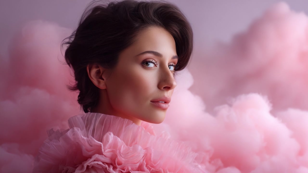 Un Ritratto Accattivante di una Donna Circondata da Nuvole Rosa Sognanti, che Mostra le Sue Caratteristiche Eleganti e la Moda Contemporanea in un'Atmosfera Morbida ed Eterea