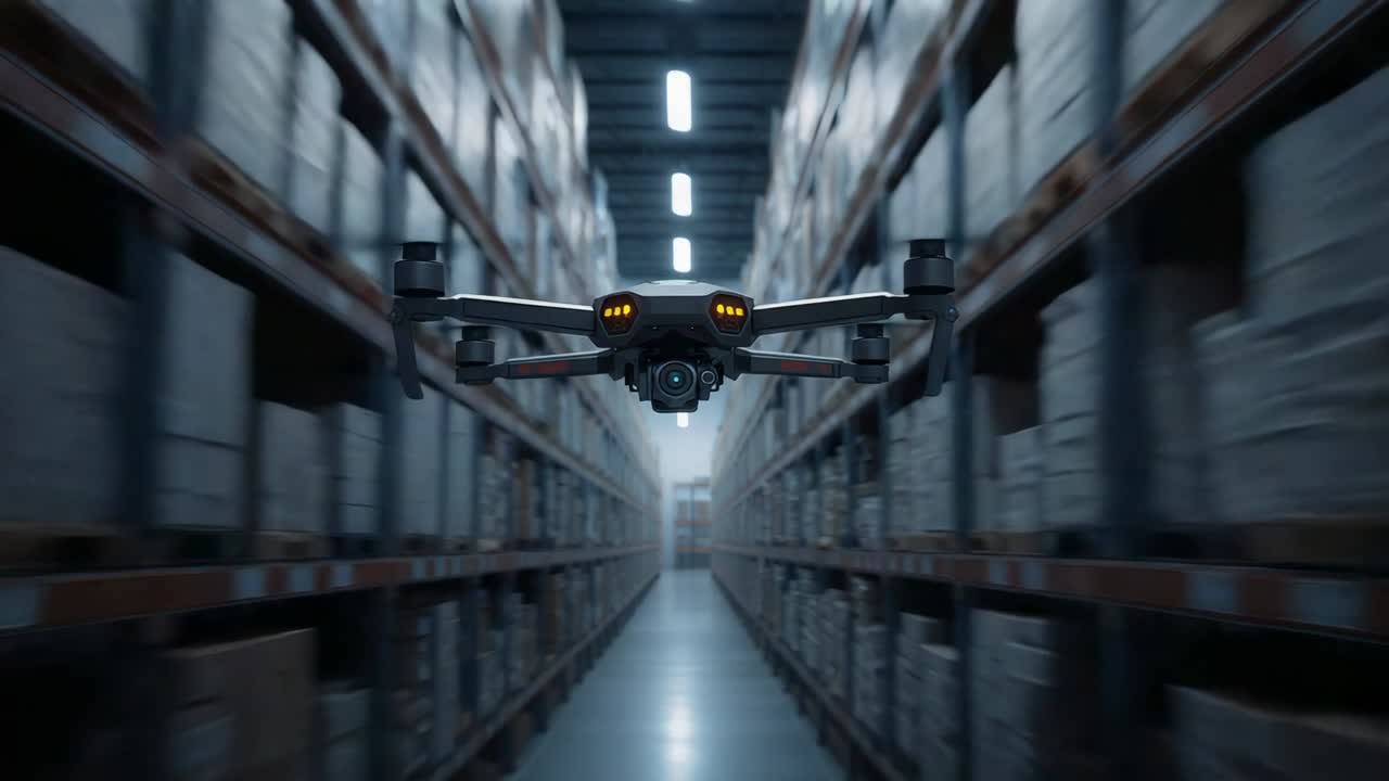 Powering foldable quadcopter drone stabilizing and flying down narrow warehouse aisle, with camera