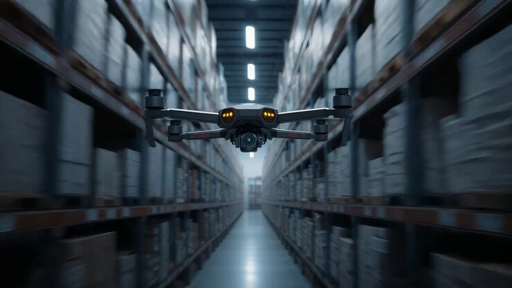 Powering foldable quadcopter drone stabilizing and flying down narrow warehouse aisle, with camera
