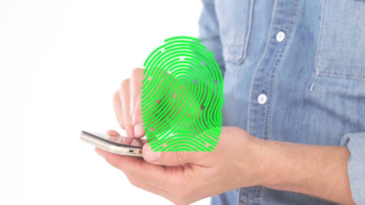 animación de la huella dactilar sobre un hombre caucásico usando un teléfono inteligente