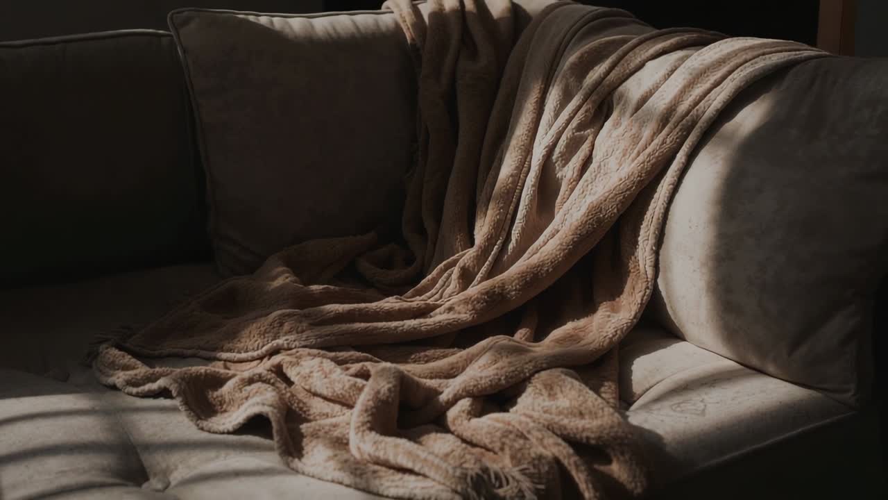 La telecamera effettua una panoramica, la luce della finestra si sposta, rivelando un plaid beige adagiato sul divano, che valorizza gli interni.