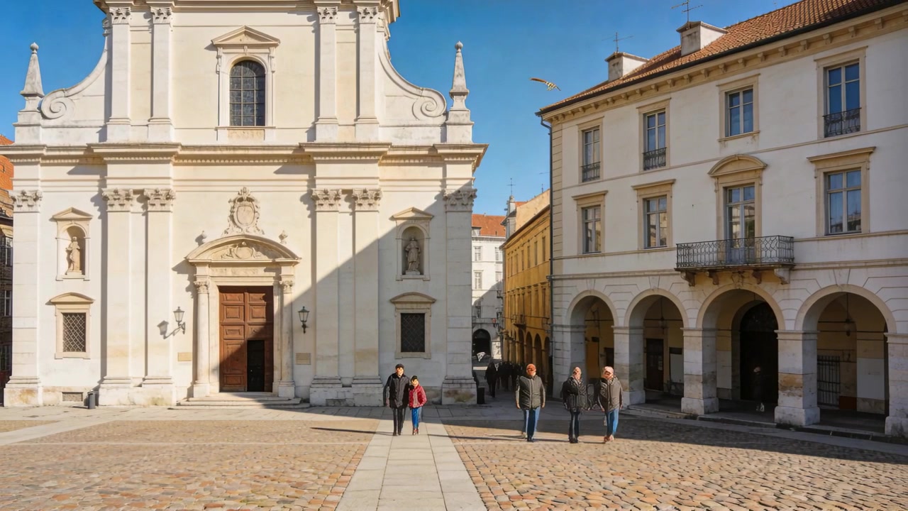 Un piccolo gruppo che emerge da un arco, cammina attraverso una piazza acciottolata verso la facciata della chiesa, indossando giacche.