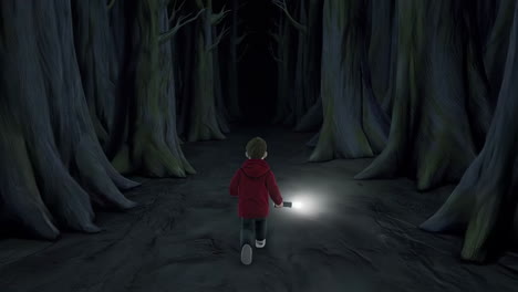 a boy with a flashlight walks through a dark forest