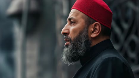 senior muslim man in traditional taqiyah, wearing cultural attire, gazing pensively sideways with serene, introspective expression highlighting spiritual connection and personal reflection