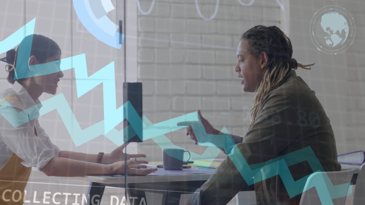 Animation of financial data processing over diverse business people discussing work at office