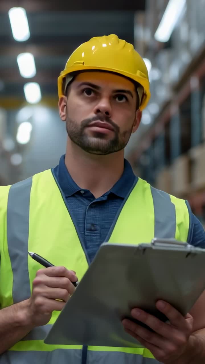 Video verticale: Uomo con elmetto giallo e giubbotto catarifrangente consulta un blocco note, verificando lo stock in magazzino.