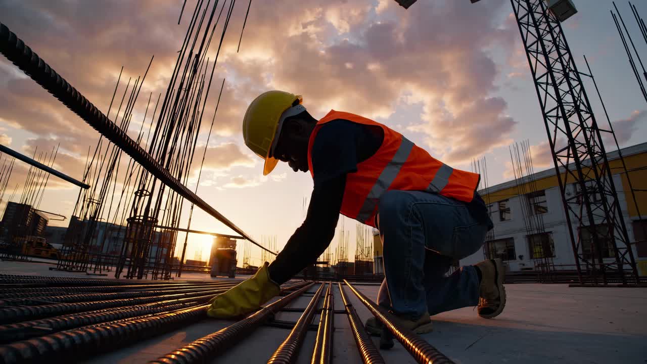 Silhouette of a construction worker in a hard hat and vest, kneeling at sunset