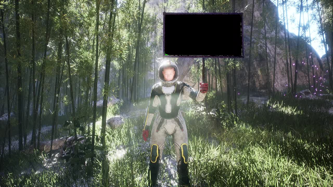 un astronauta se encuentra con una bandera con un canal alfa en un nuevo planeta inexplorado. el concepto de descubrir nuevos planetas. la animación es perfecta para el espacio, los viajes espaciales o la ciencia ficción.