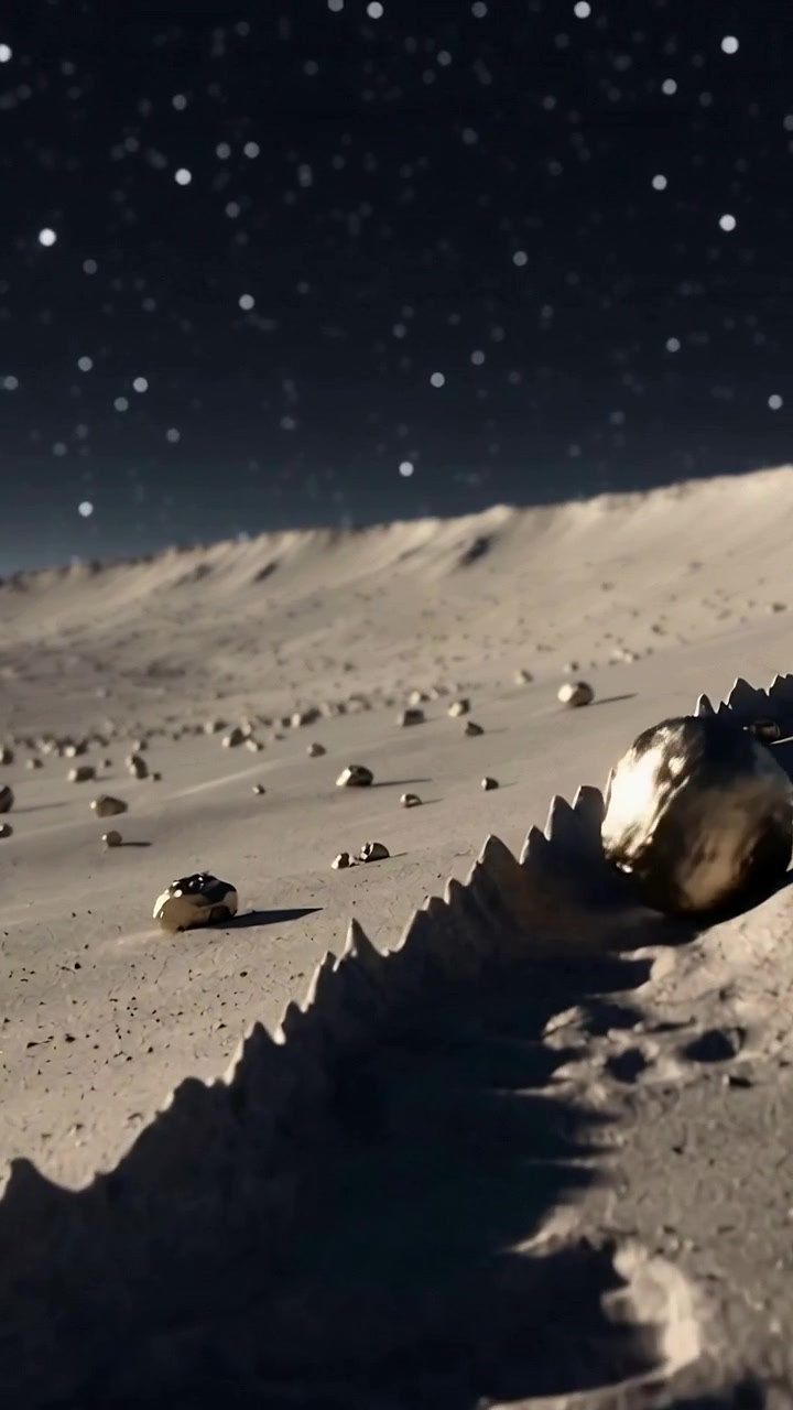 Video verticale: Sfera d'oro che rotola scavando un solco sulle dune, attirata dalla gravità sotto le stelle.