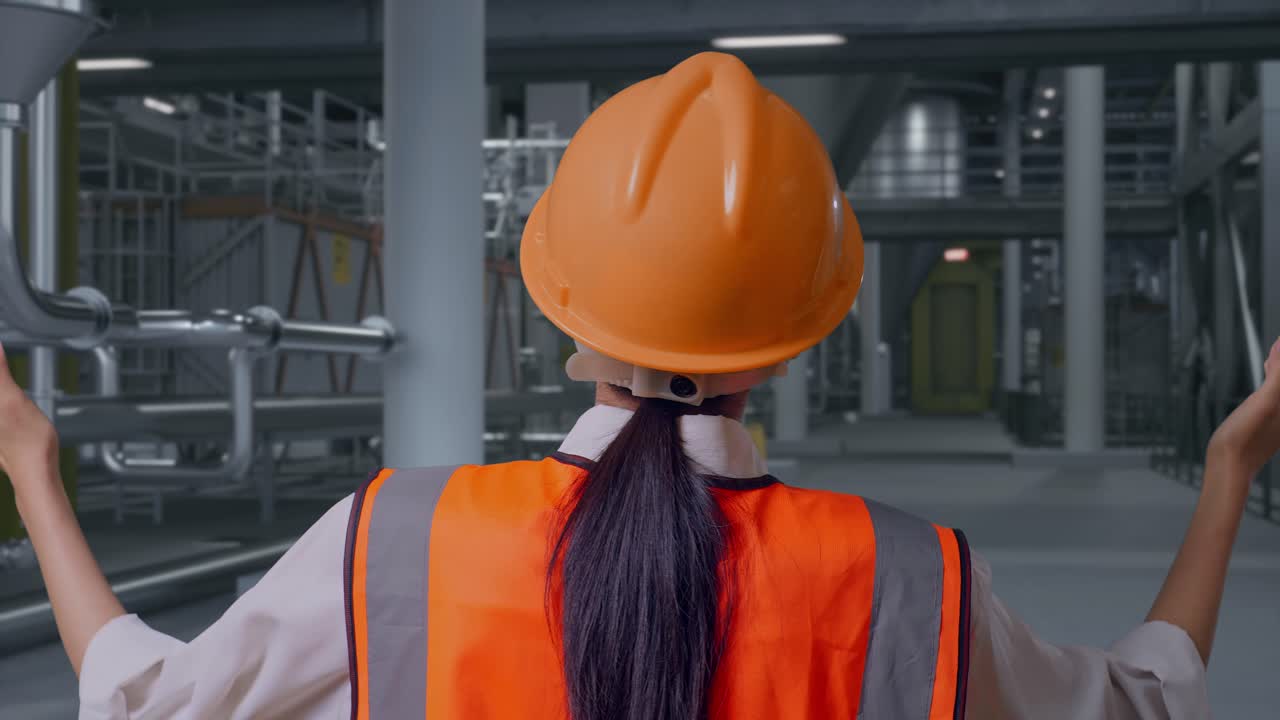 Primo piano della vista posteriore di un'ingegnera con casco di sicurezza che allarga le braccia mentre si trova all'interno di una distilleria con grandi serbatoi di fermentazione.