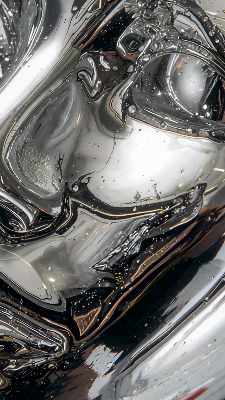 Vertical video: Bubbling chrome surface in closeup coalescing from motion near rim lights