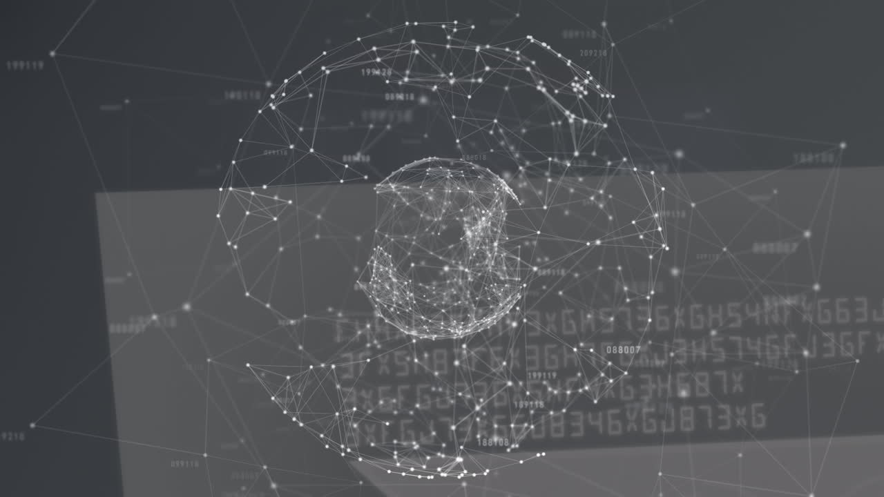 회색 배경에 대한 데이터 처리를 회전하는 연결 네트워크의 세계