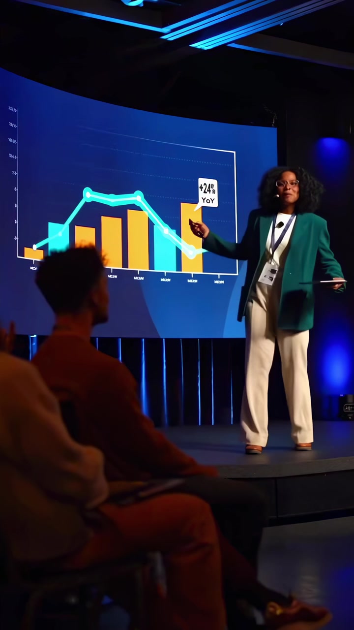 Professionel taler præsenterer data om virksomhedens præstation på scenen.