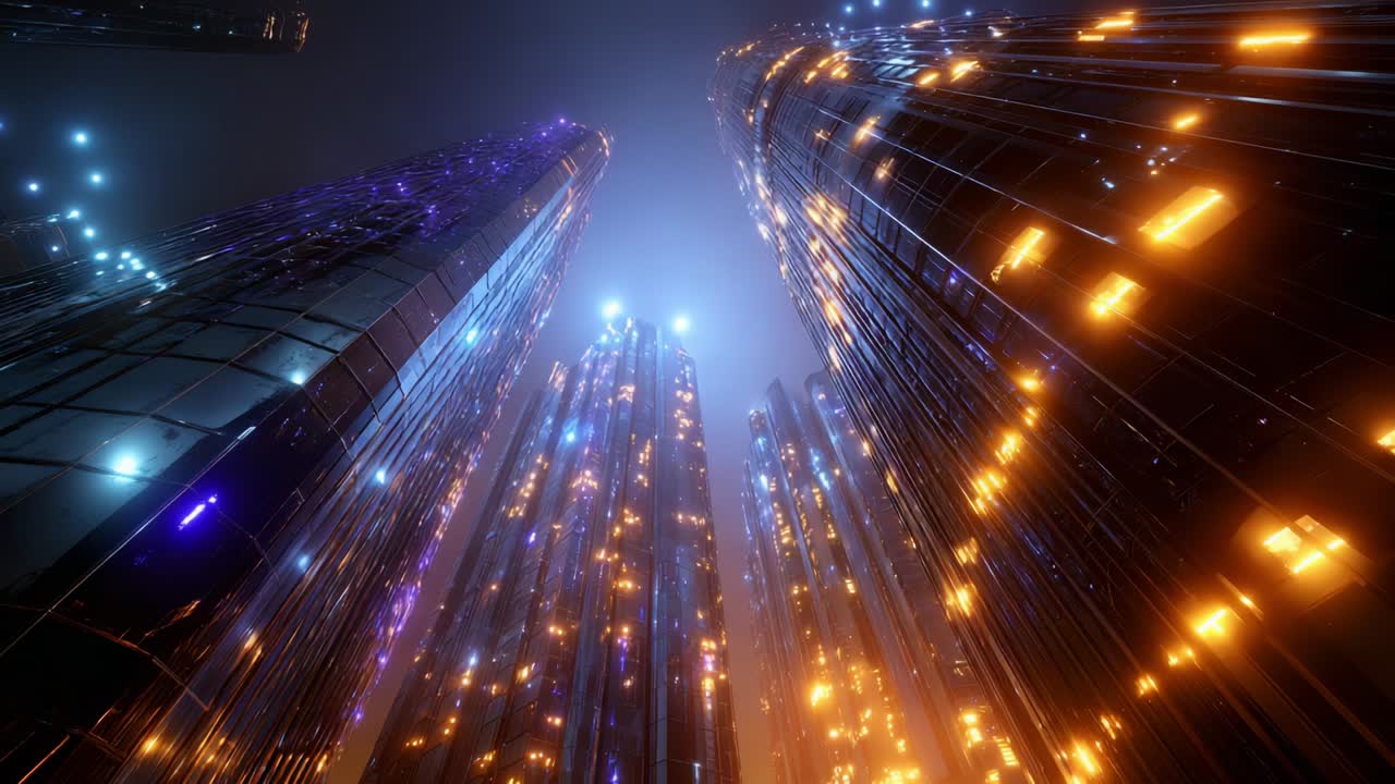 A stunning view of futuristic skyscrapers illuminated by brilliant lights at twilight, capturing the essence of modern architecture and the vibrant urban landscape in a mesmerizing display of color and design