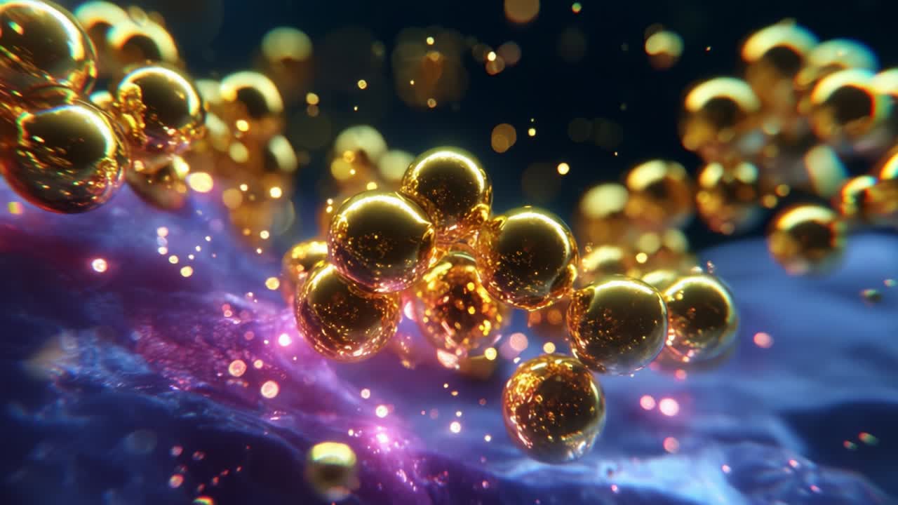 An Abstract Visualization of Shimmering Golden Spheres Floating Amidst a Cosmic Backdrop, Creating an Enchanting Display of Light and Color That Captivates the Viewer with its Ethereal Quality