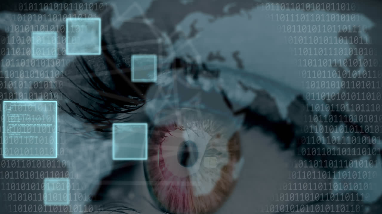 animación del procesamiento de datos y codificación binaria sobre el ojo y el mapa del mundo