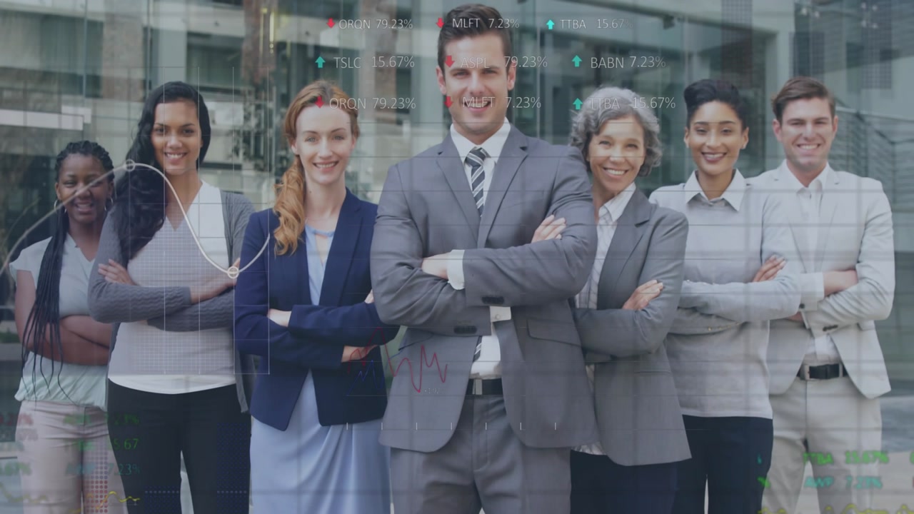 Vertical video: Team posing at glass office camera zooming while charts overlaying team for finance