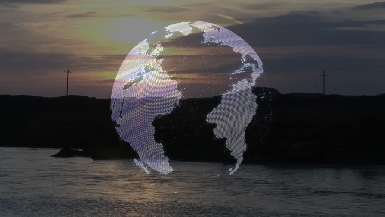 Digital globe animation appearing over serene river landscape during sunset