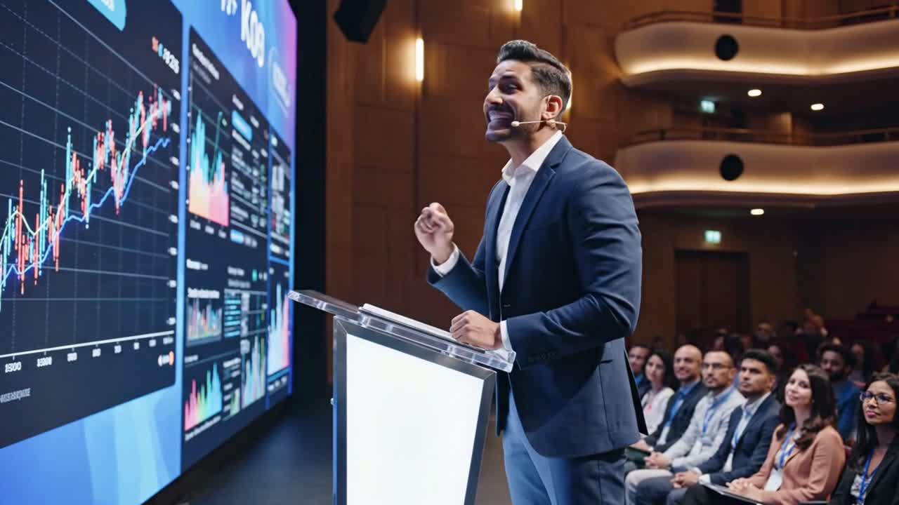 Speaker presenting data analytics during business conference