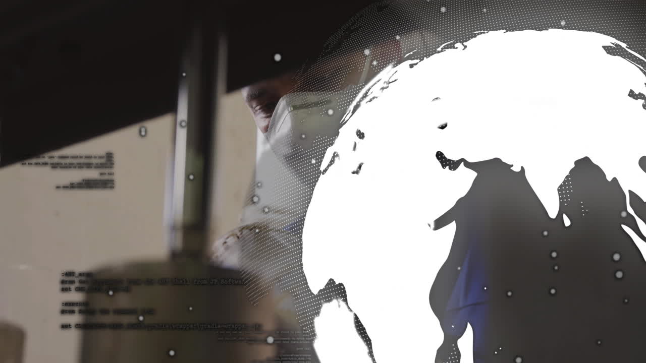 Masked lab technician examining test tube in science lab, showing animated code overlays and globe