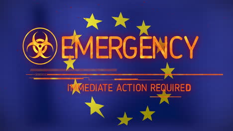 animación del texto y el símbolo de emergencia sobre la bandera de la ue