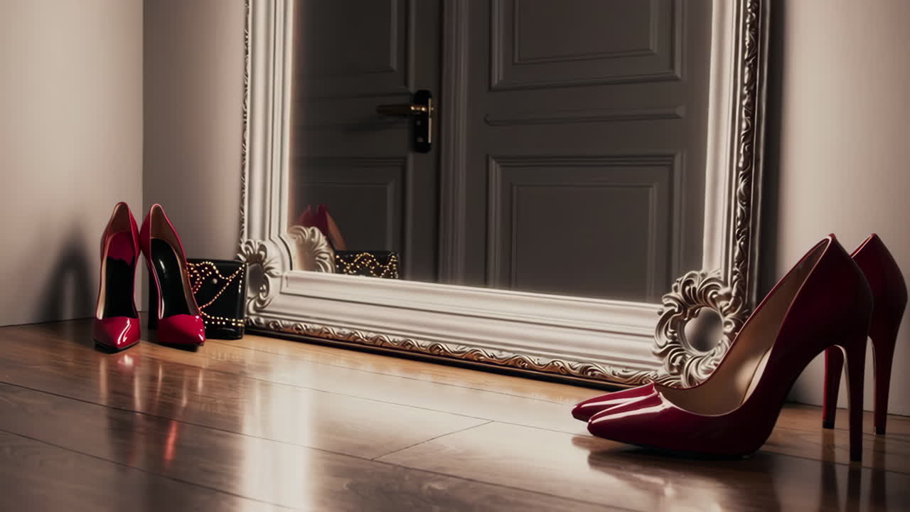 Red High Heels and Accessories by the Mirror