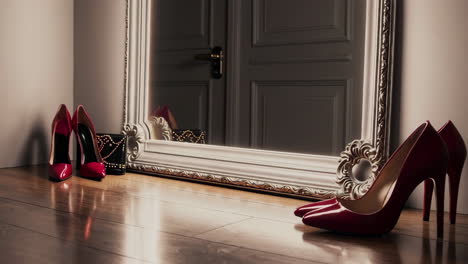red high heels and accessories by the mirror