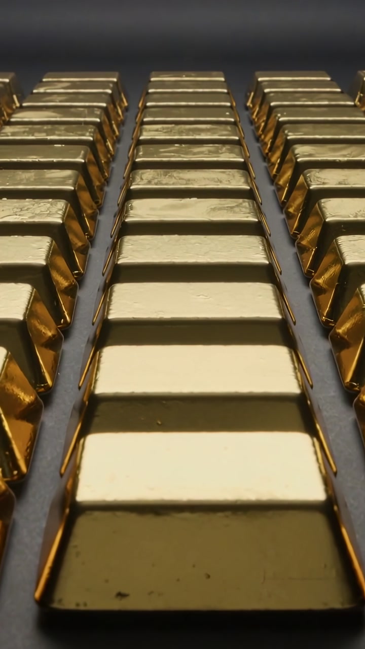 Vertical video: Camera shifting up revealing three rows of gold bars on dark tray to show rear rows