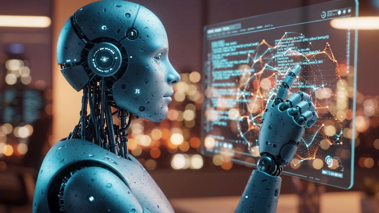 A futuristic humanoid robot interacts with digital data displays in a high-tech environment, showcasing advancements in artificial intelligence and machine learning technology.