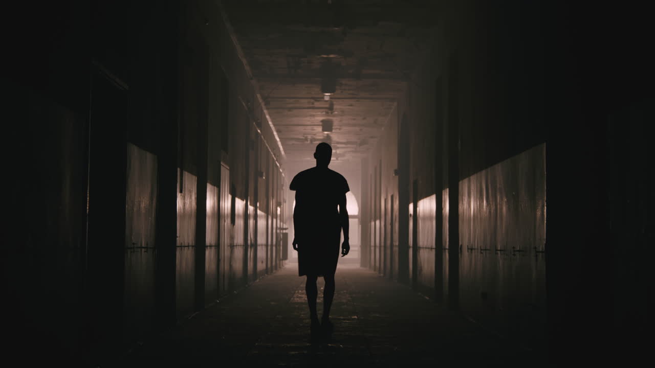 A bald man walks on the empty hospital corridor at night