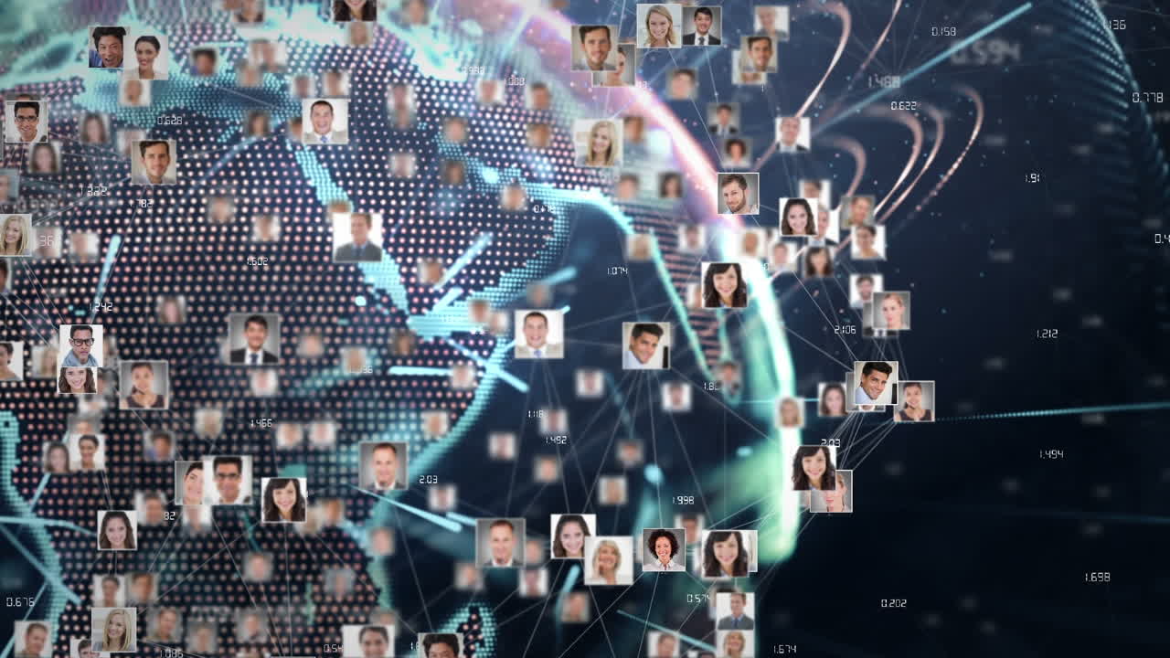 animación del globo con red de conexiones y fotos de personas de negocios