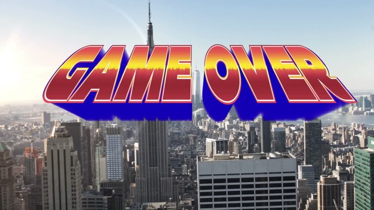 Animazione del testo 'game over' su paesaggio urbano