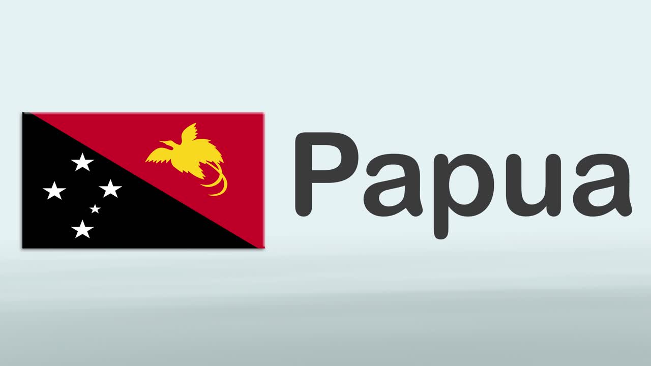 국기와 파푸아 국가의 화려한 리본이 있는 흰색 배경의 3d 프리젠테이션 프로모션 소개